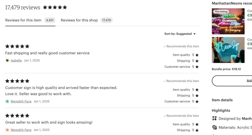 L'interface d'Etsy avec les avis des clients.