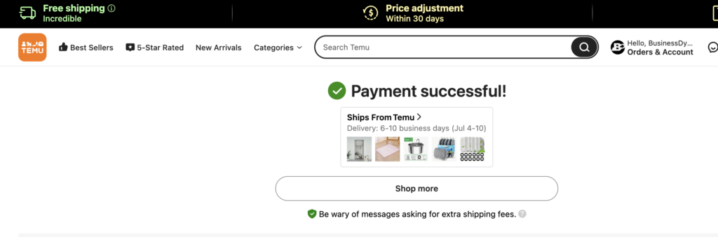 Temu et dropshipping : le guide 2025 2 L'interface de Temu avec un paiement réussi.