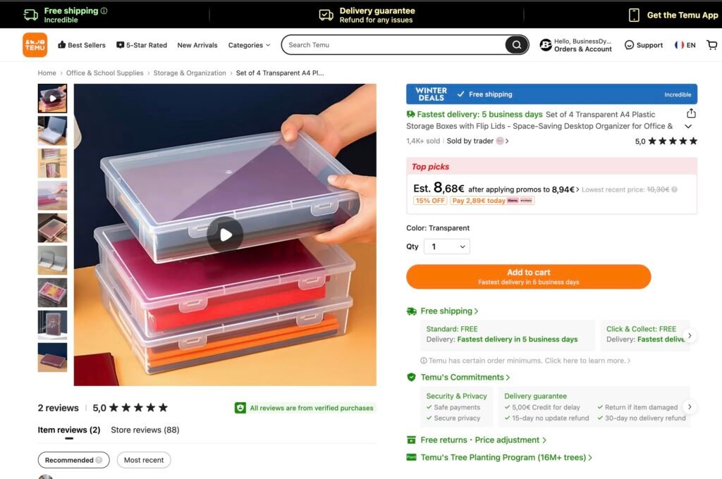 Temu et dropshipping : le guide 2025 1 L'interface de Temu avec un produit intéressant en dropshipping.