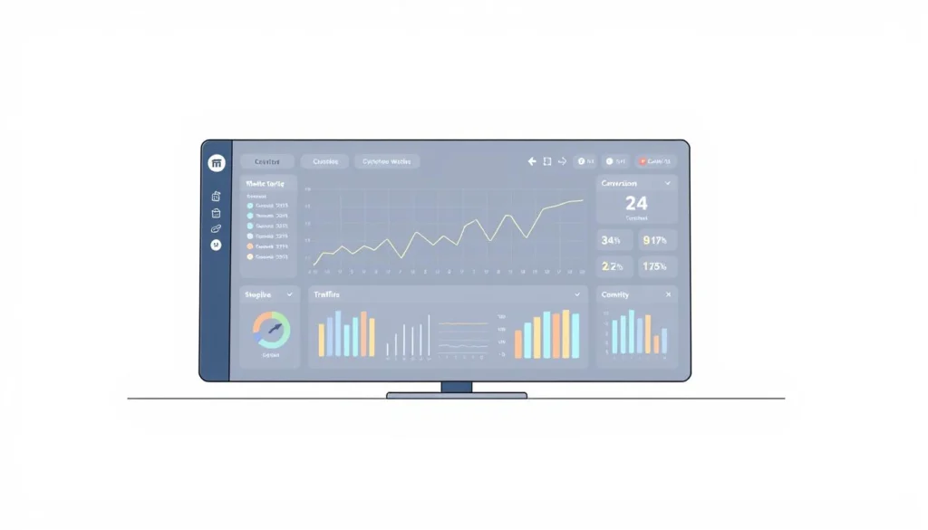 a detailed digital illustration of a data analysis dashboard, featuring a large line graph on the main display that shows marketing performance metrics over time, such as website traffic, sales, and conversion rates. The dashboard is set against a minimalist, monochromatic background, creating a clean and professional aesthetic. The user interface elements, such as charts, buttons, and information panels, are rendered with a high level of detail and precision. The overall composition conveys a sense of analytical rigor and data-driven decision making, well-suited to illustrate the "Mesurer l'impact réel sur vos ventes en dropshipping" section of the article. a detailed digital illustration of a data analysis dashboard, featuring a large line graph on the main display that shows marketing performance metrics over time, such as website traffic, sales, and conversion rates. The dashboard is set against a minimalist, monochromatic background, creating a clean and professional aesthetic. The user interface elements, such as charts, buttons, and information panels, are rendered with a high level of detail and precision. The overall composition conveys a sense of analytical rigor and data-driven decision making, well-suited to illustrate the "Mesurer l'impact réel sur vos ventes en dropshipping" section of the article.