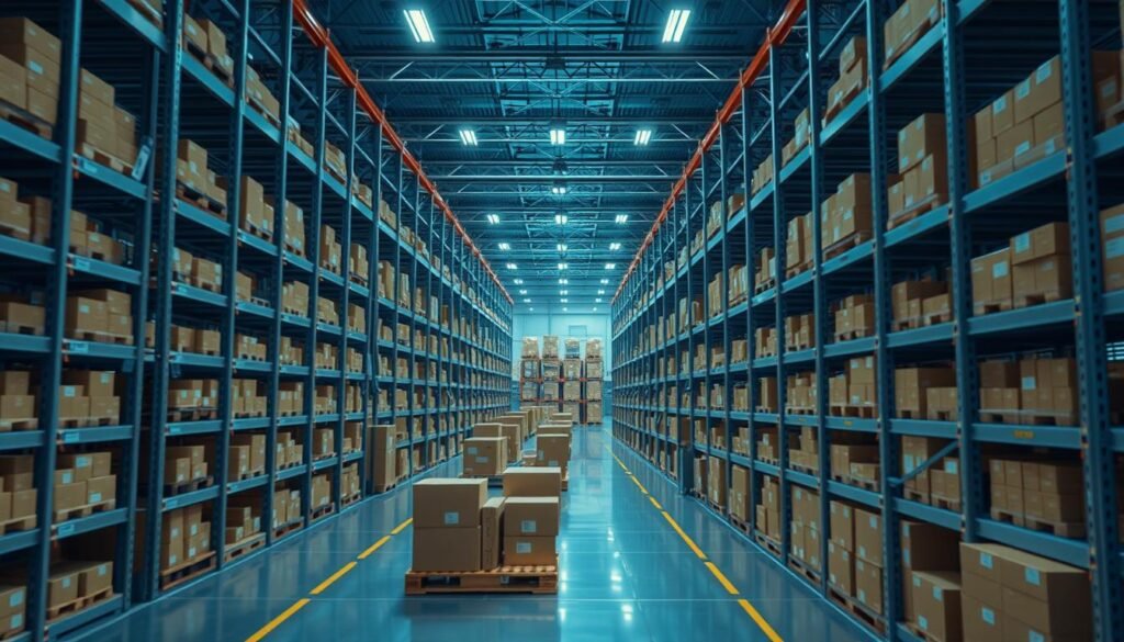 a high-tech automated warehouse with rows of shelves and robotic systems moving intelligent packages, illuminated by soft ambient lighting, with a sleek futuristic aesthetic, high-angle view, 8k, cinematic, photorealistic