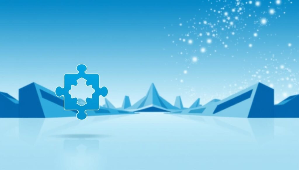 a meticulously crafted digital illustration depicting "protection des données conception" with a forward-looking, innovative style. In the foreground, a stylized data security icon or symbol made of interlocking puzzle pieces, conveying the idea of secure data protection. In the middle ground, a minimalist, geometric landscape with sleek architectural forms in shades of blue and gray, representing the technological infrastructure of data management. In the background, an abstract, ethereal sky filled with glowing data particles or digital sparkles, suggesting the boundless potential of data-driven solutions. The overall composition should evoke a sense of balance, harmony, and technological advancement, in line with the article's focus on leveraging AI while respecting data privacy laws.