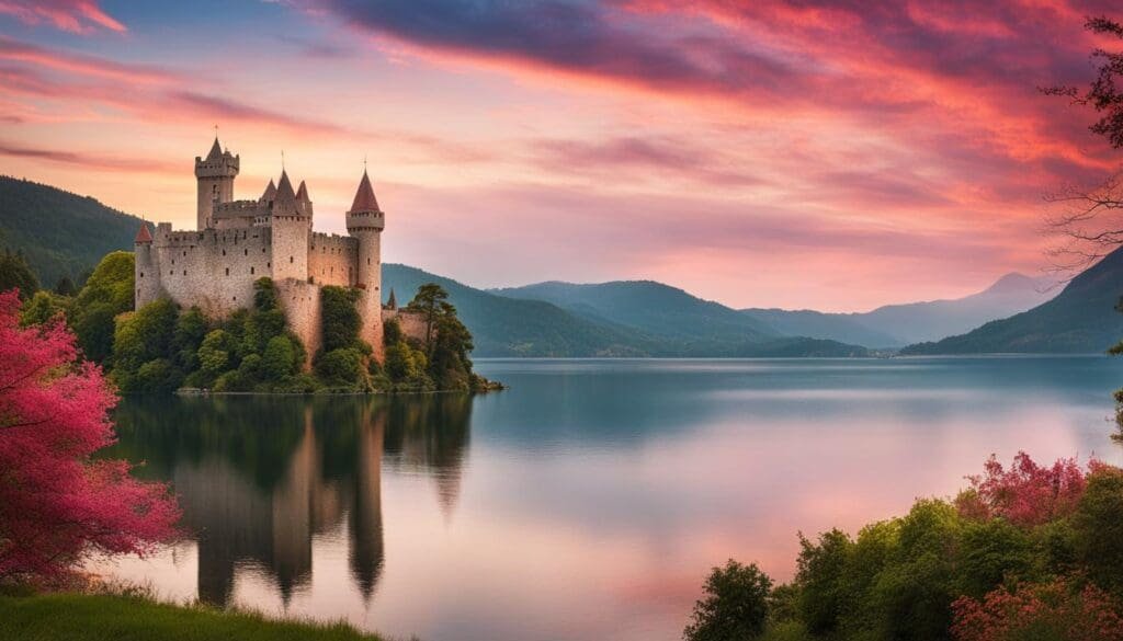 château médiéval surplombant un lac