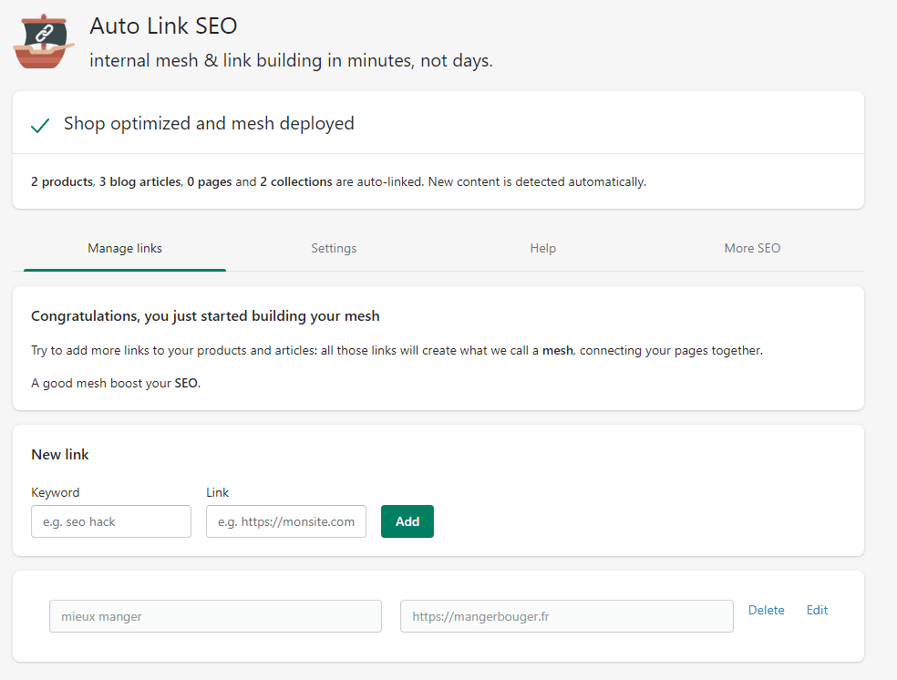 Auto Link SEO permet de créer des liens en automatique sur Shopify.