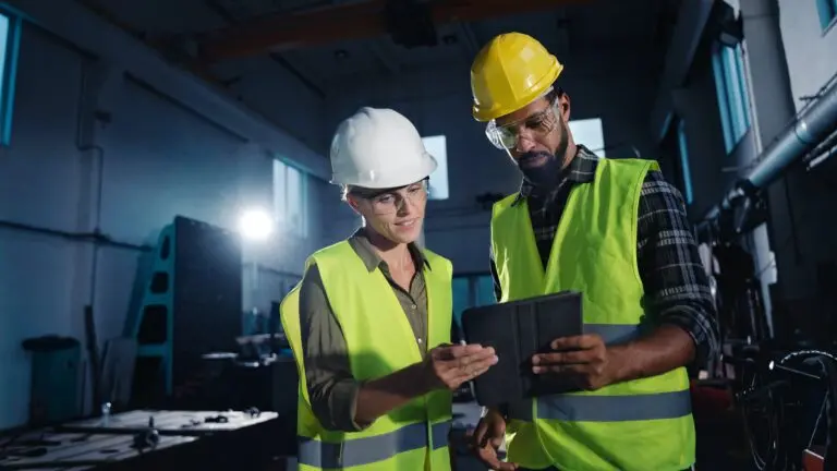 Deux travailleurs portant des gilets de sécurité et des casques utilisant une tablette pour les travaux de nuit.