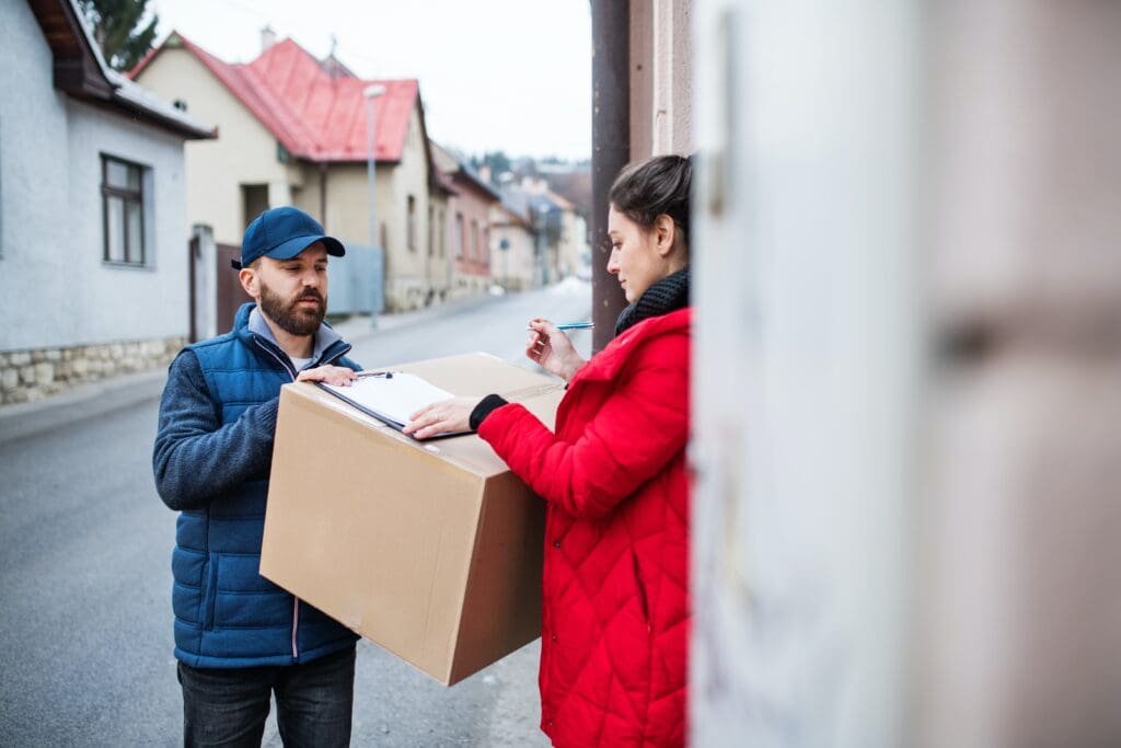 Cocolis : Un homme livre une boîte à une femme dans la rue grâce au covoiturage de colis.