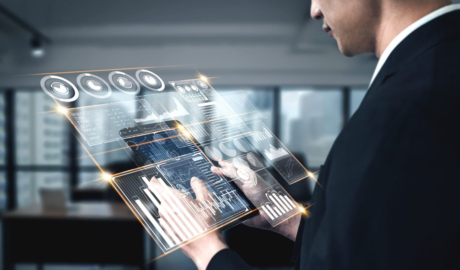 Un homme d'affaires utilise une tablette avec des graphiques pour améliorer sa productivité grâce à l'intelligence artificielle.