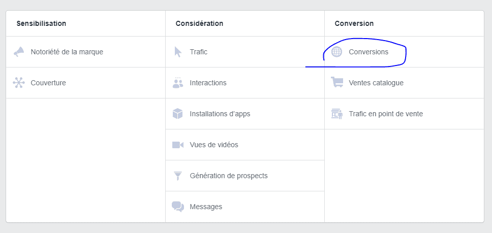 L'objectif conversions en mode achat sur la publicité facebook.