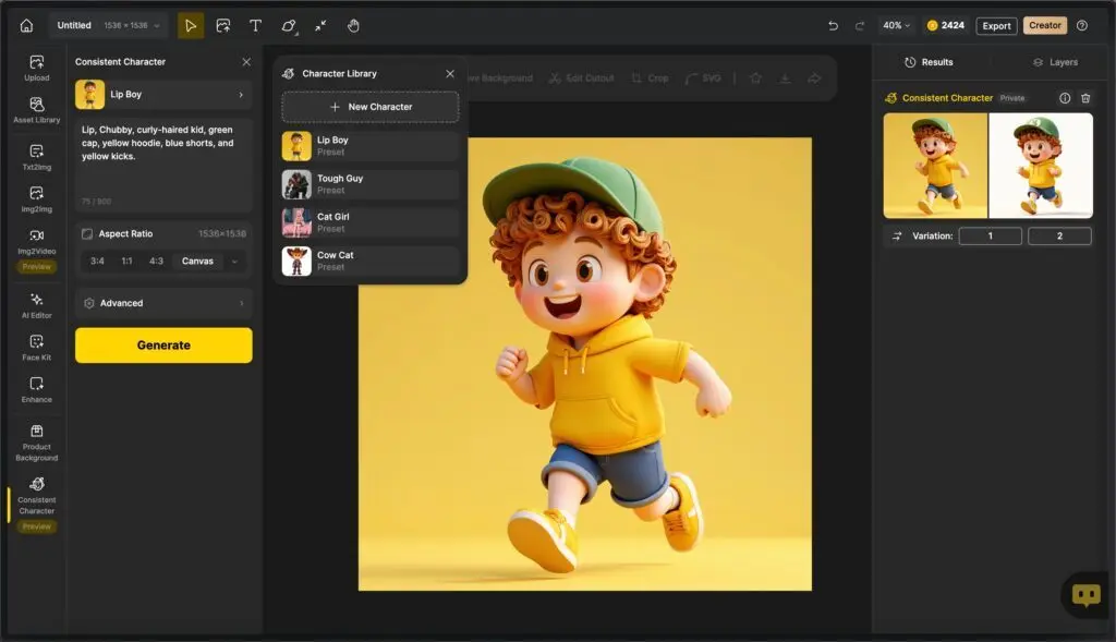 Dzine.ai avis - l'ia de génération d'image et d'animation 3 Un personnage généré par IA qui a les mêmes habits.