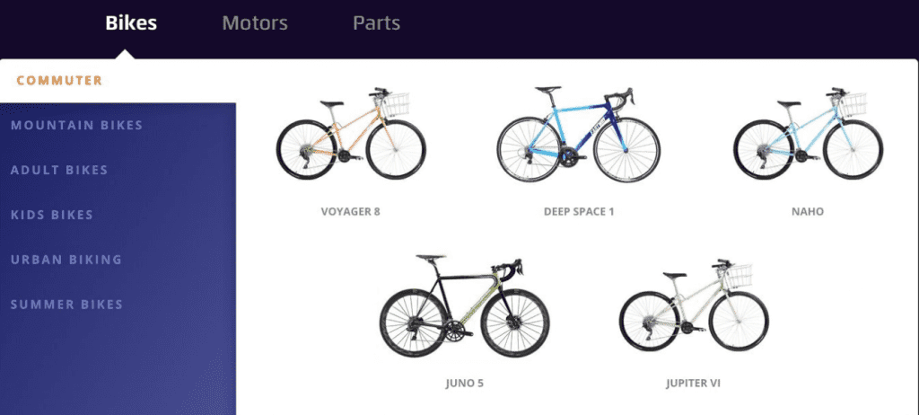 Comment créer un menu responsive sur Shopify ? 4 Un menu déroulant pour le dropshipping de vélo.