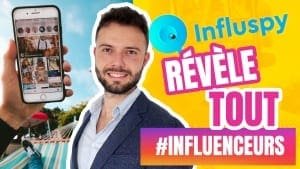 Influspy ou Influ spy, un dropshipper donne son avis sur l'outil pour trouver des influenceurs instagram sur fond jaune.