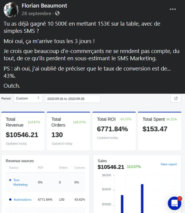 Florian beaumont qui montre un de ses résultats et son avis sur la stratégie Mailing